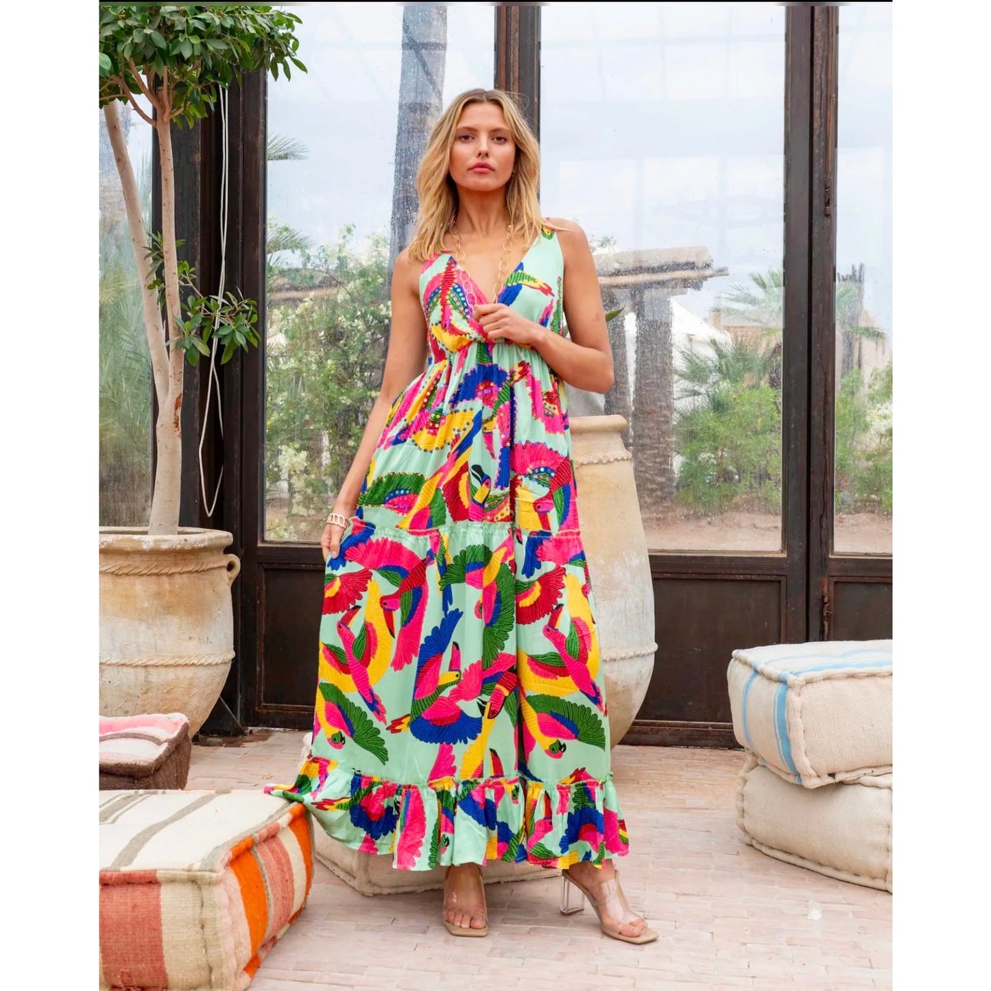 Gold & Silver Paris Parrot Maxi Dress