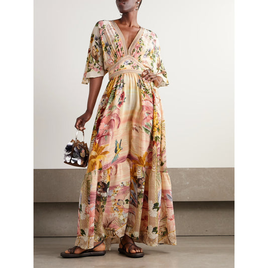 Camilla White Lotus Crystal-Embellished Silk/Satin Maxi Dress