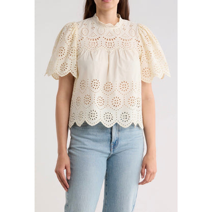 T Tahari Embroidered Eyelet Cotton Top