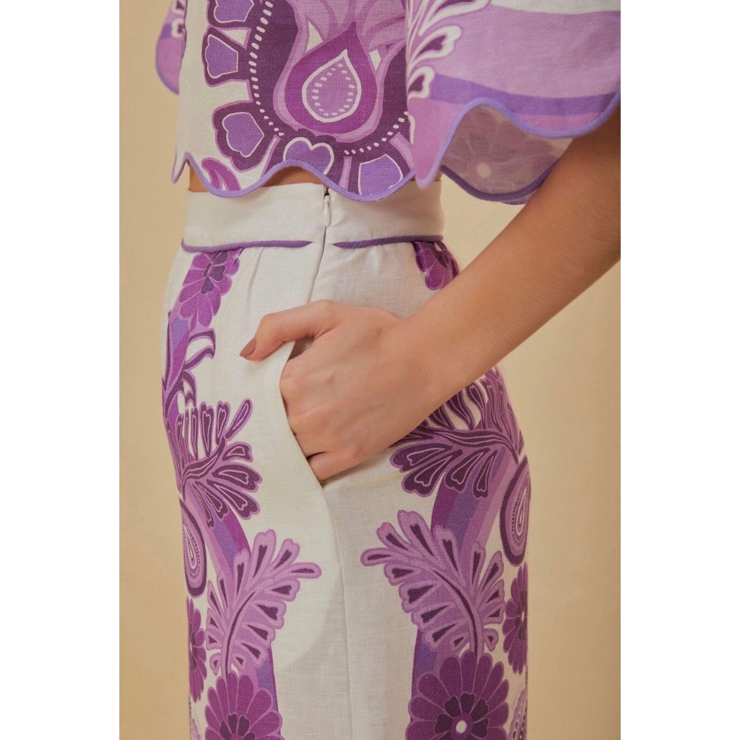 Farm Rio Color Festival Cream Euroflax Crop Blouse AND Midi Skirt Set NWT Large