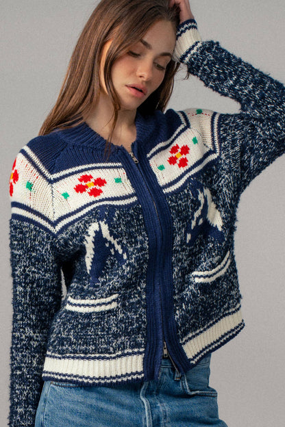 Urban Daizy Floral Yoke Zip-Up Knit Cardigan