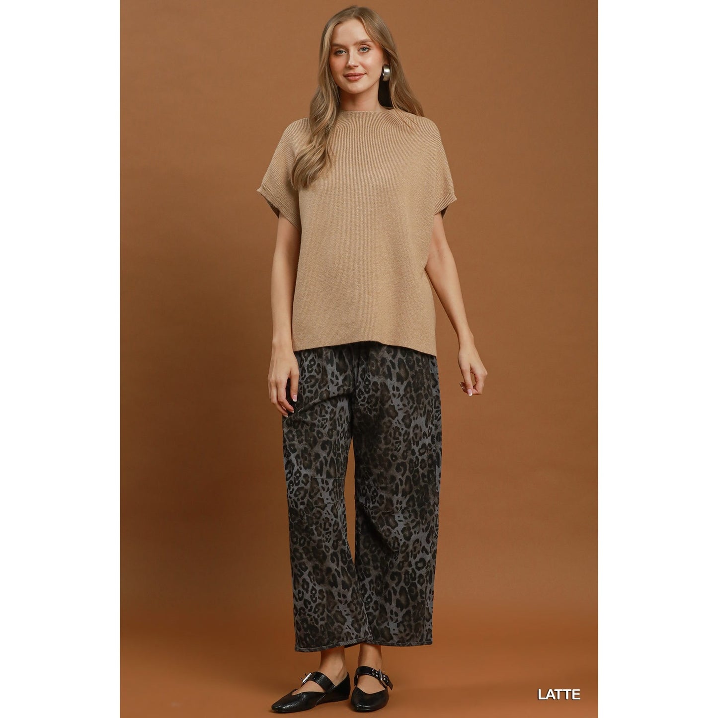 Umgee Latte Mock Neck Short Sleeve Sweater Top