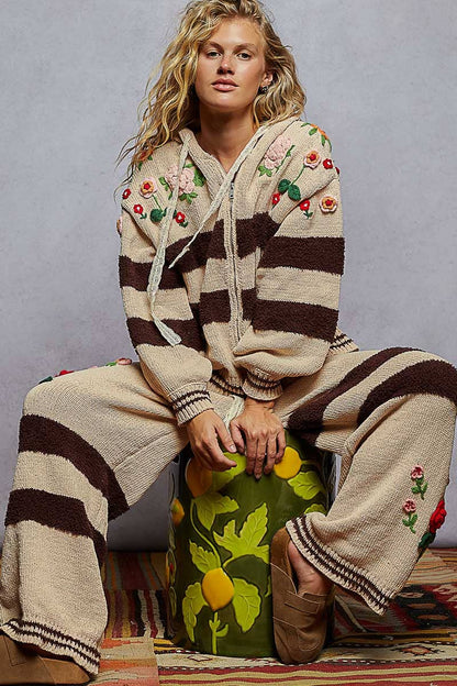 Pol Clothing Striped pattern 3D embroidered detail chenille sweater pants