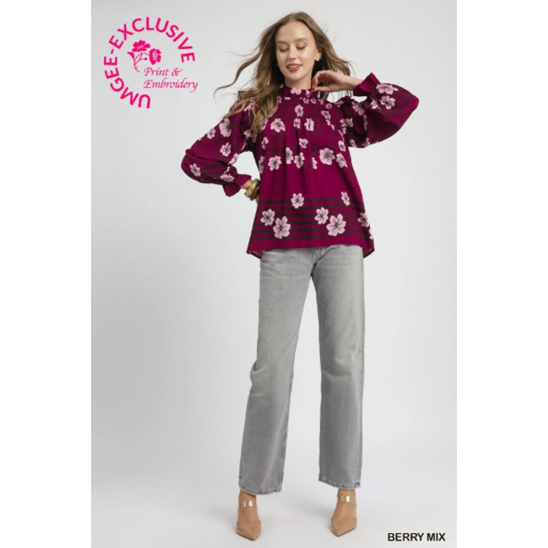 Umgee Mix Floral Smocked Ruffle Blouse