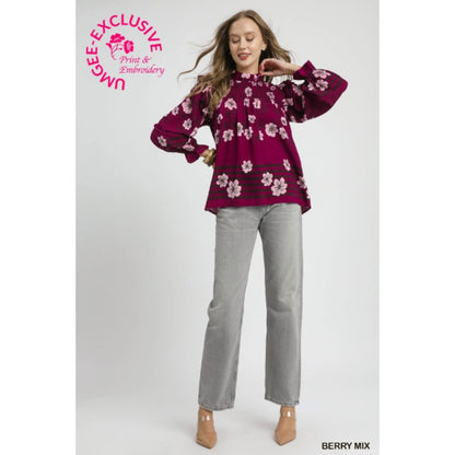Umgee Mix Floral Smocked Ruffle Blouse