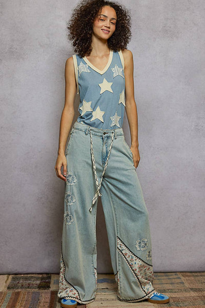 Pol Clothing Floral patches embroidery elastic band casual pant