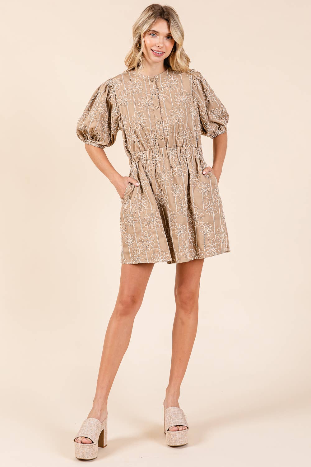 GeeGee x Lovelo Floral Embroidered Half Button-Up Mini Dress