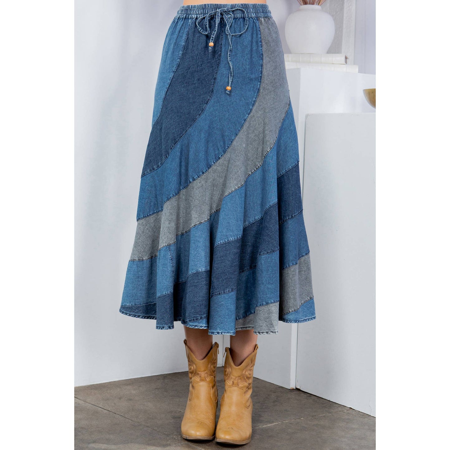 Young Threads Mid-Length Denim Skirt With Asymmetrical Panels