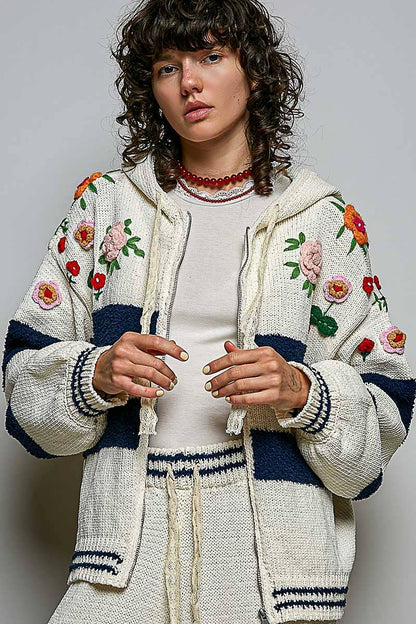 POL Clothing Striped Pattern 3D Embroidered Hoodie Zip-up Sweater