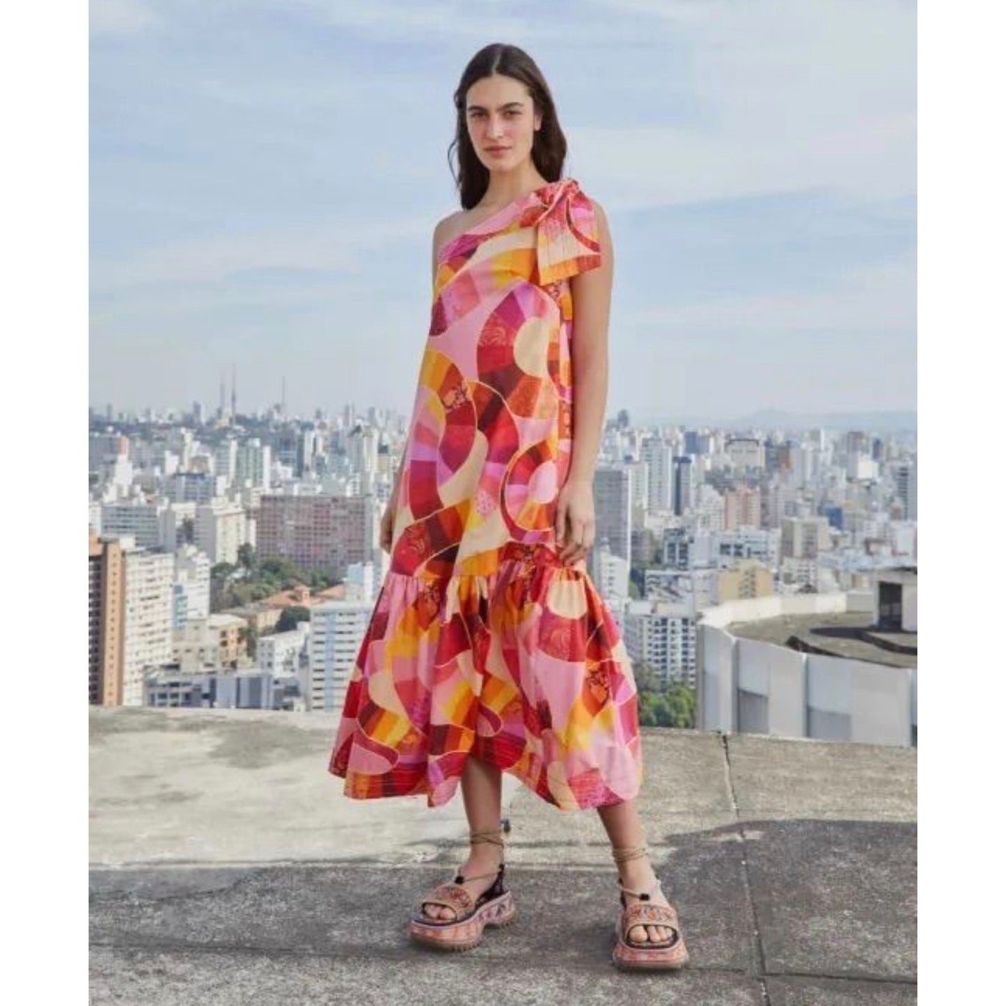 Farm Rio One-Shoulder Patch Twirl Dress