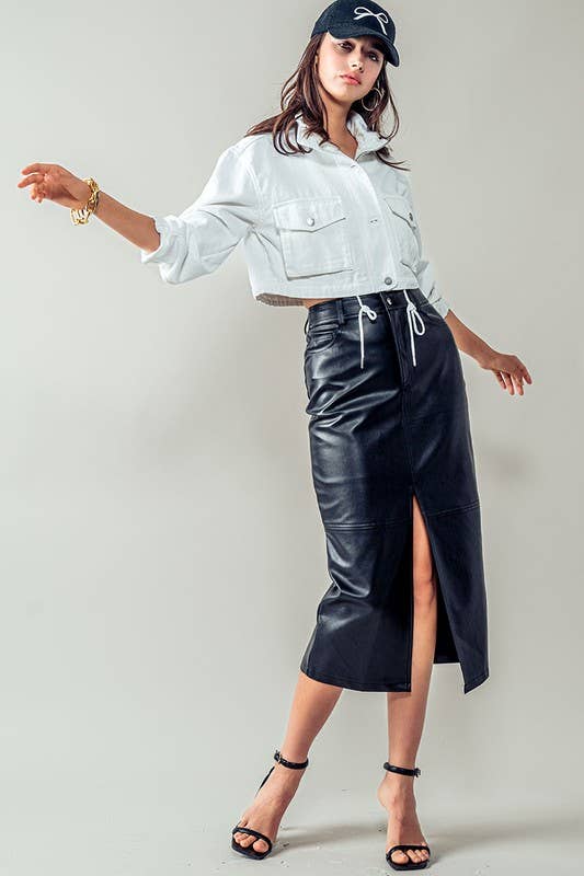 Urban Daizy White Utility Cropped Drawstring Hem Stand Collar Denim Jacket