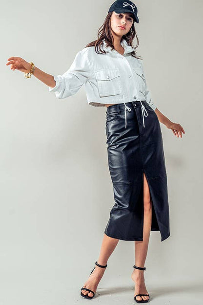 Urban Daizy White Utility Cropped Drawstring Hem Stand Collar Denim Jacket