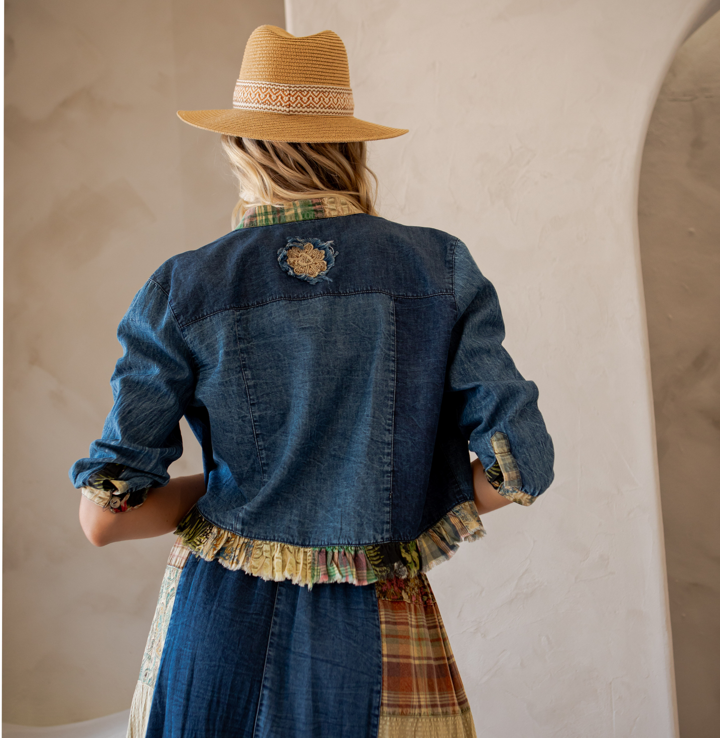 Young Threads Western Boho Chic: Patchwork Cropped Denim Jacket