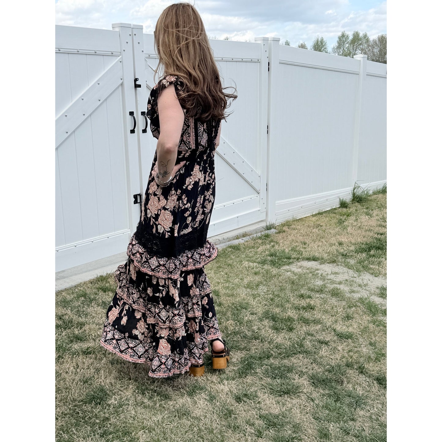 Angie Boho Floral Print Black and Pink Maxi Dress