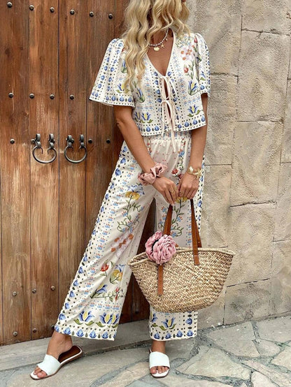 Rosa Clothing - Vacation Tropical Floral Print Bow Tie Top & Pants Set