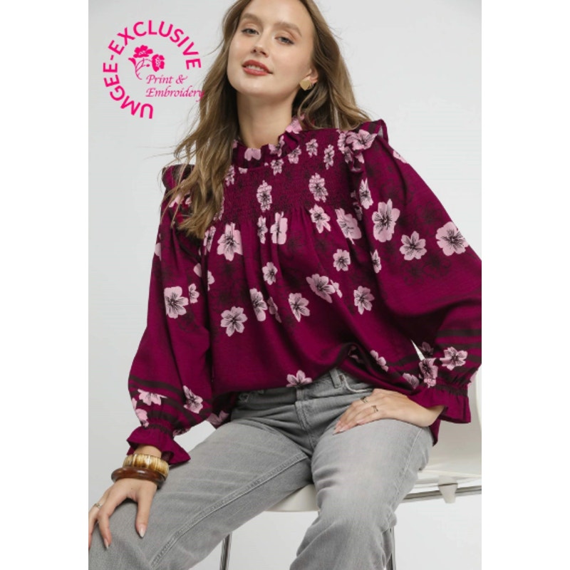 Umgee Mix Floral Smocked Ruffle Blouse