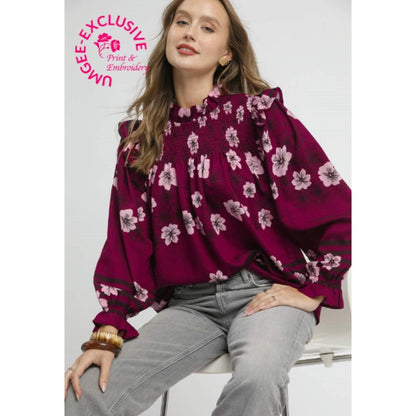 Umgee Mix Floral Smocked Ruffle Blouse
