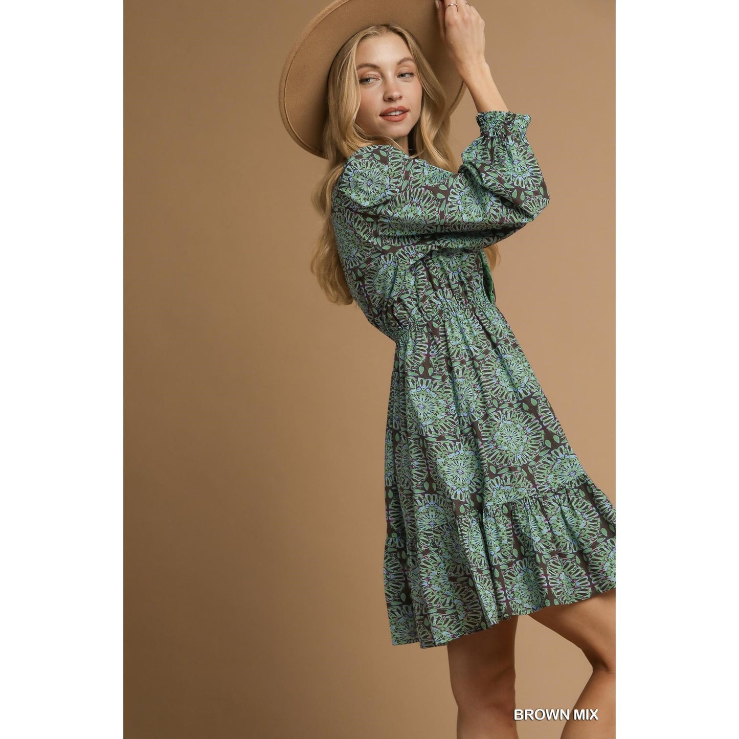 Umgee Two Tone Boho Print Long Sleeve Dress