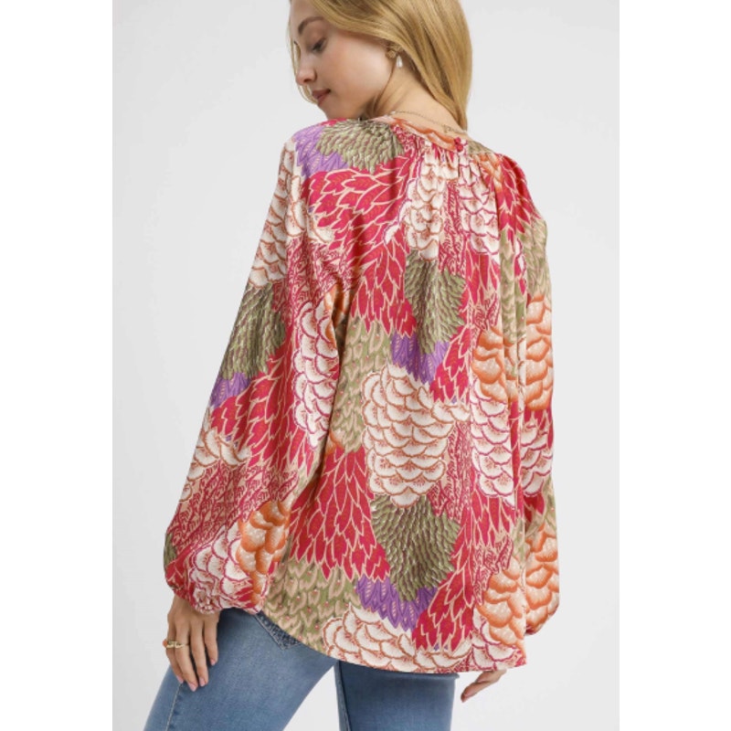 Umgee Boho Feather Print Peasant Blouse
