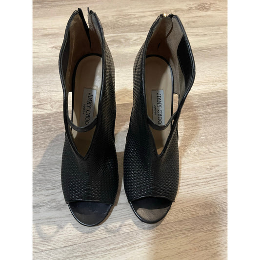 Jimmy Choo Black Woven Leather Perp-Toe Heels