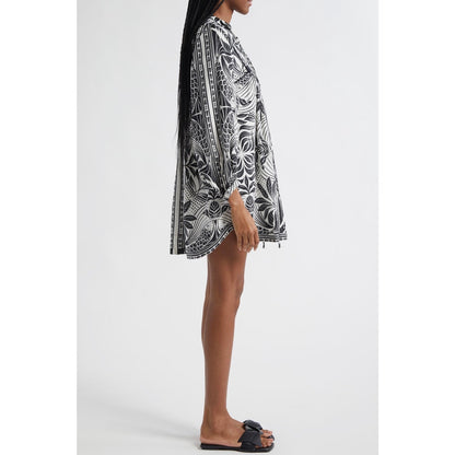 FARM Rio Monochrome Elegance Scarf Print Long Sleeve Linen Blend Minidress
