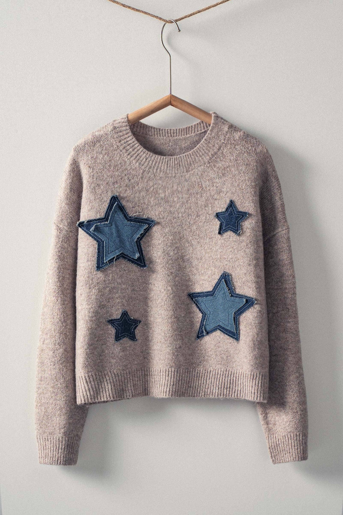 Urban Daizy Taupe Denim Star Patch Cropped Knit Sweater