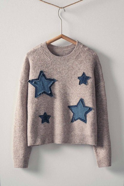 Urban Daizy Taupe Denim Star Patch Cropped Knit Sweater