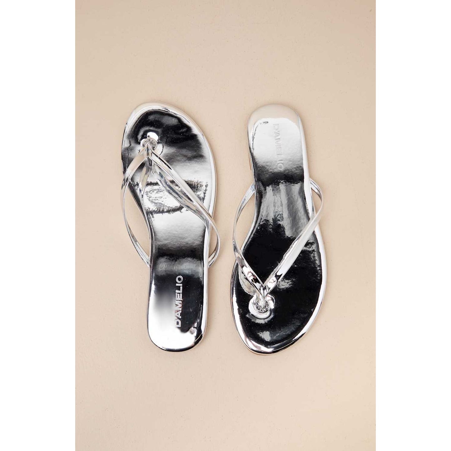 D'Amelio Footwear BeachBae Silver Mirror Patent Flat Thong Sandals