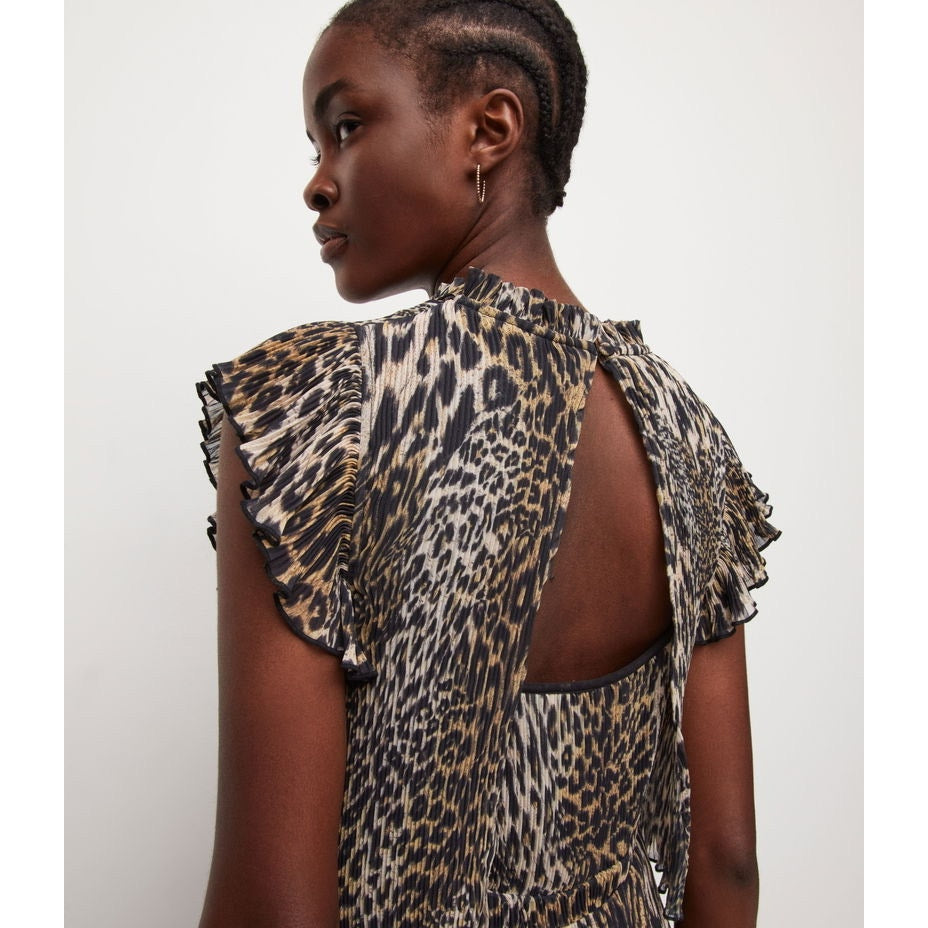 Allsaints Antheia Kiku Leopard-print Pleated Recycled-polyester Mini Dress