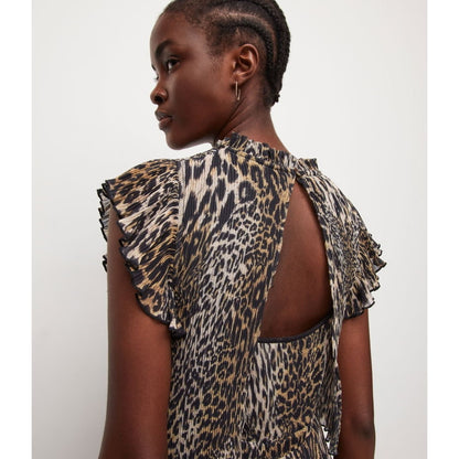 Allsaints Antheia Kiku Leopard-print Pleated Recycled-polyester Mini Dress