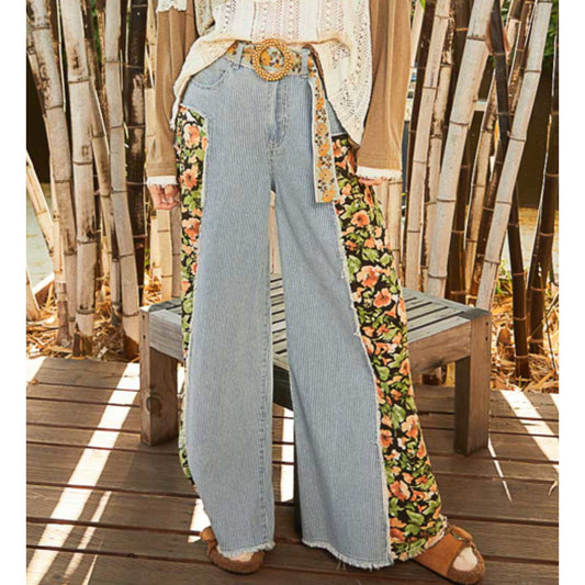 POL Striped Denim/Floral Wide Pants