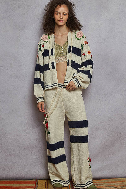 Pol Clothing Striped pattern 3D embroidered hoodie zip-up sweater top