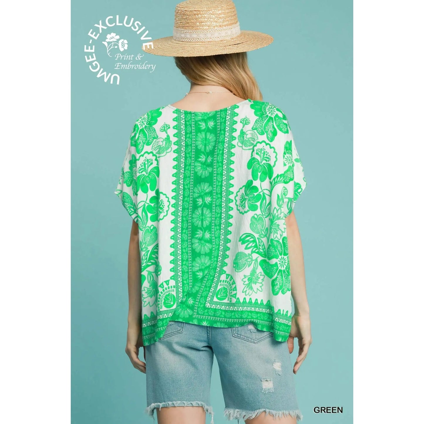 Umgee Green Floral Oversized Boho Top
