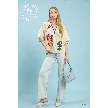 Umgee Ecru Embroidered Floral V-Neck Blouse