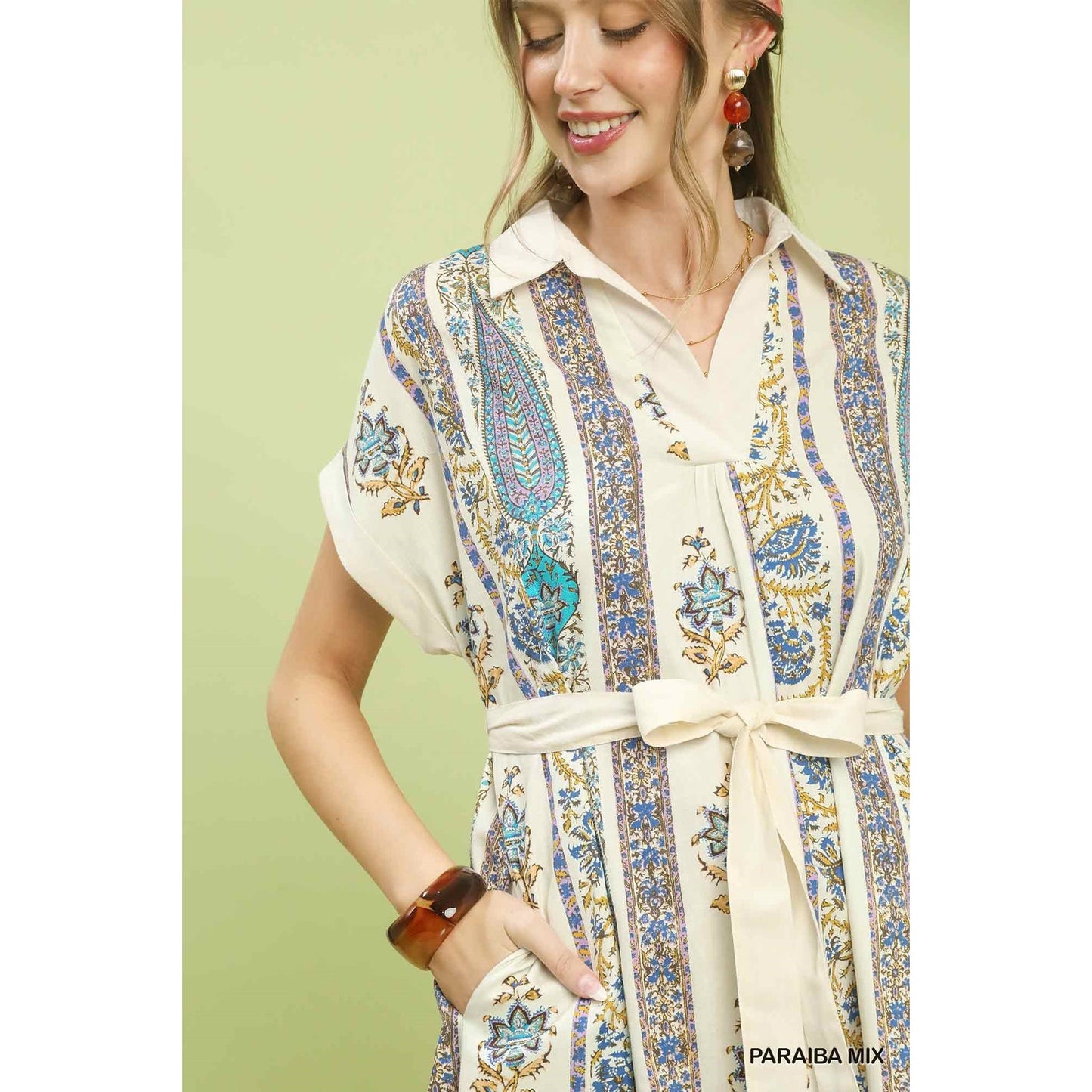 Umgee Vertical Print Tie Waist Midi Dress