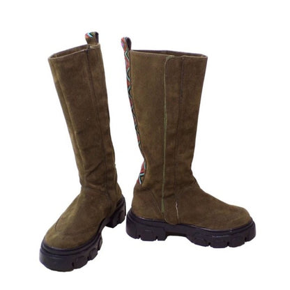 FARM RIO Embroidered Suede Tall Knee High Lug Sole Boot Green Suede