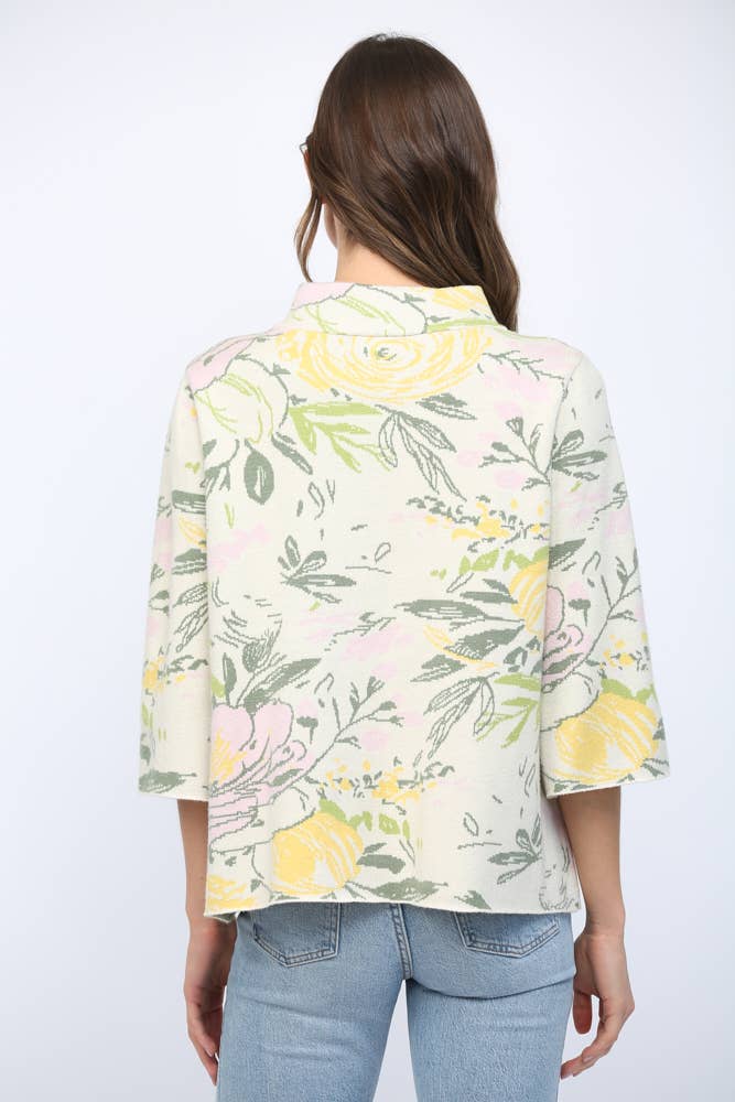 Fate Floral Pattern 3/4 Flared Sleeve Mock Neck Sweat