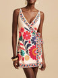 Rosa Clothing - Deep V Boho Floral Wrap Tie-Up Mini Dress