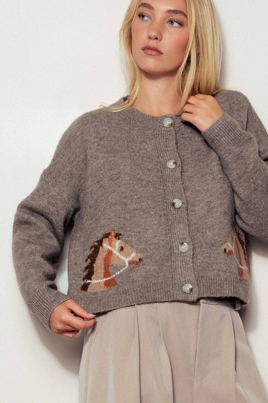 Urban Daizy Western Horse Graphic Ribbed Trim Crew Neck Cardigan