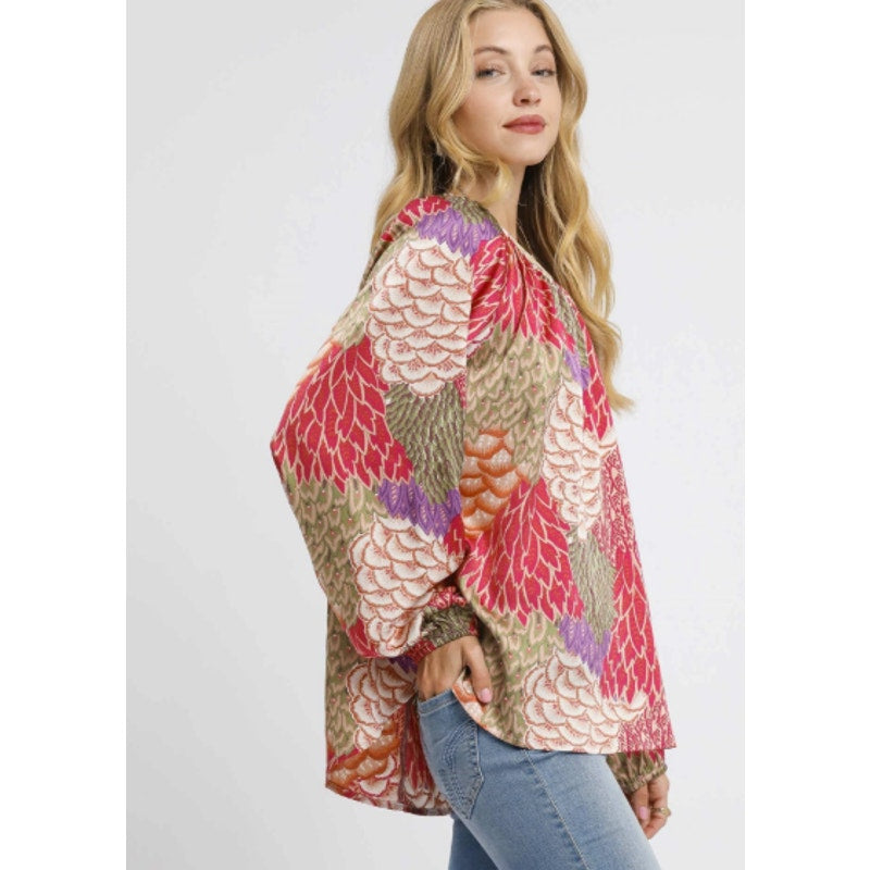 Umgee Boho Feather Print Peasant Blouse