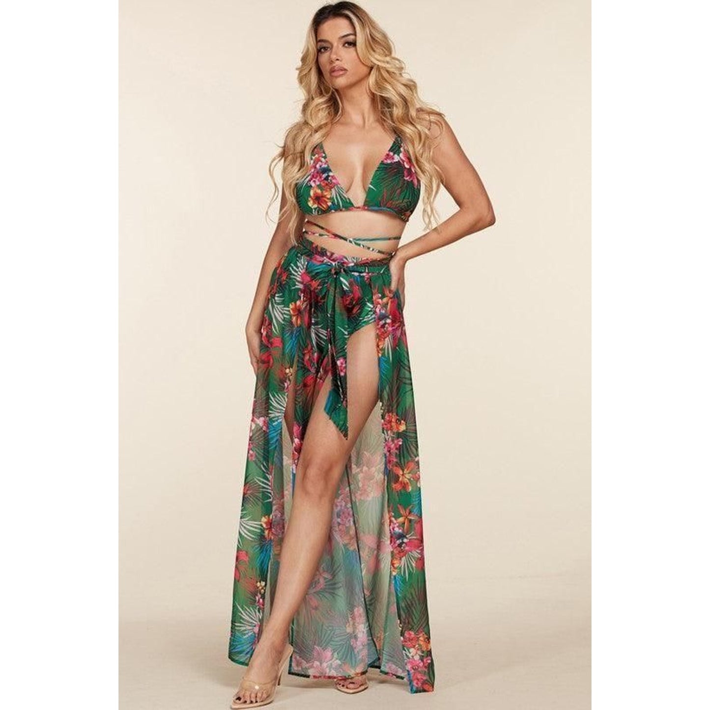 Tropical Print Maxi Dress Bikini Style Set