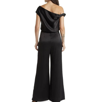 WAYF Black Satin Jumpsuit One Shoulder
