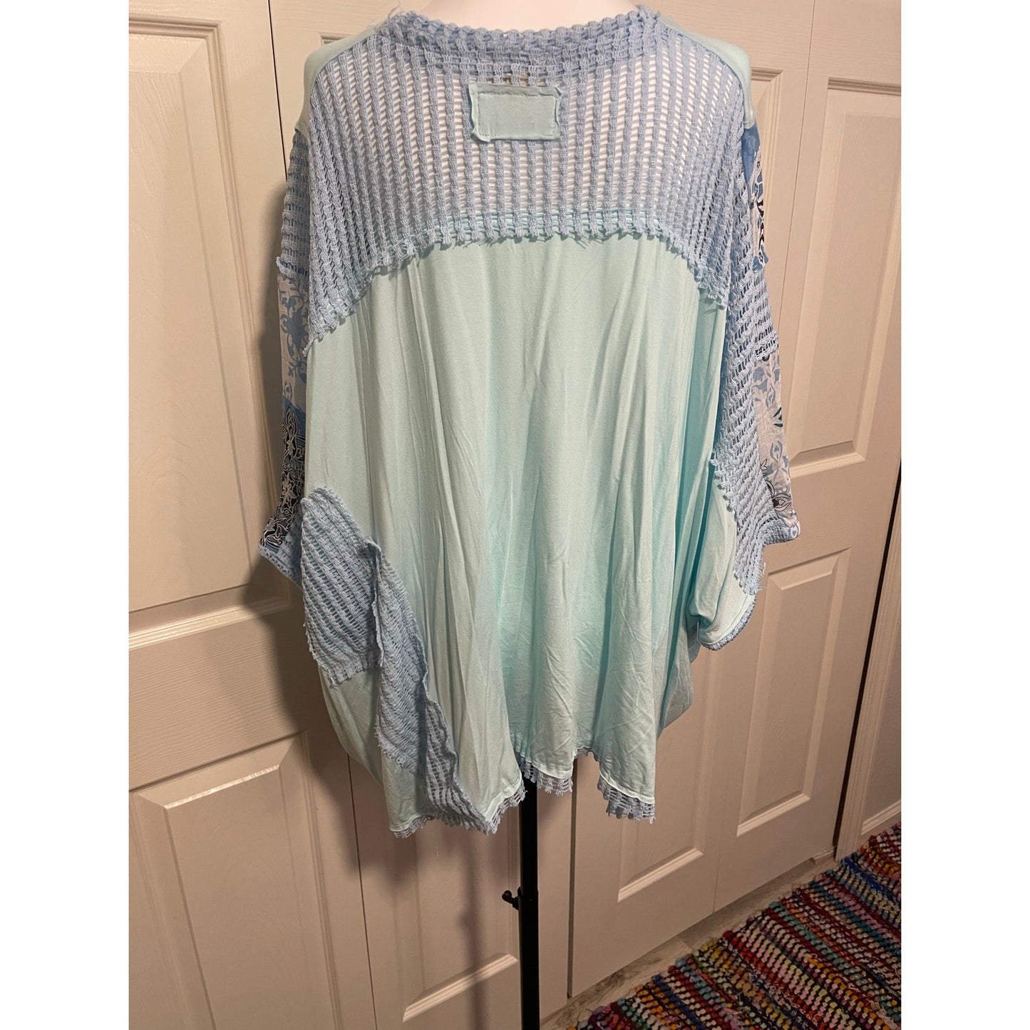 POL Blue and Floral V Neck Top