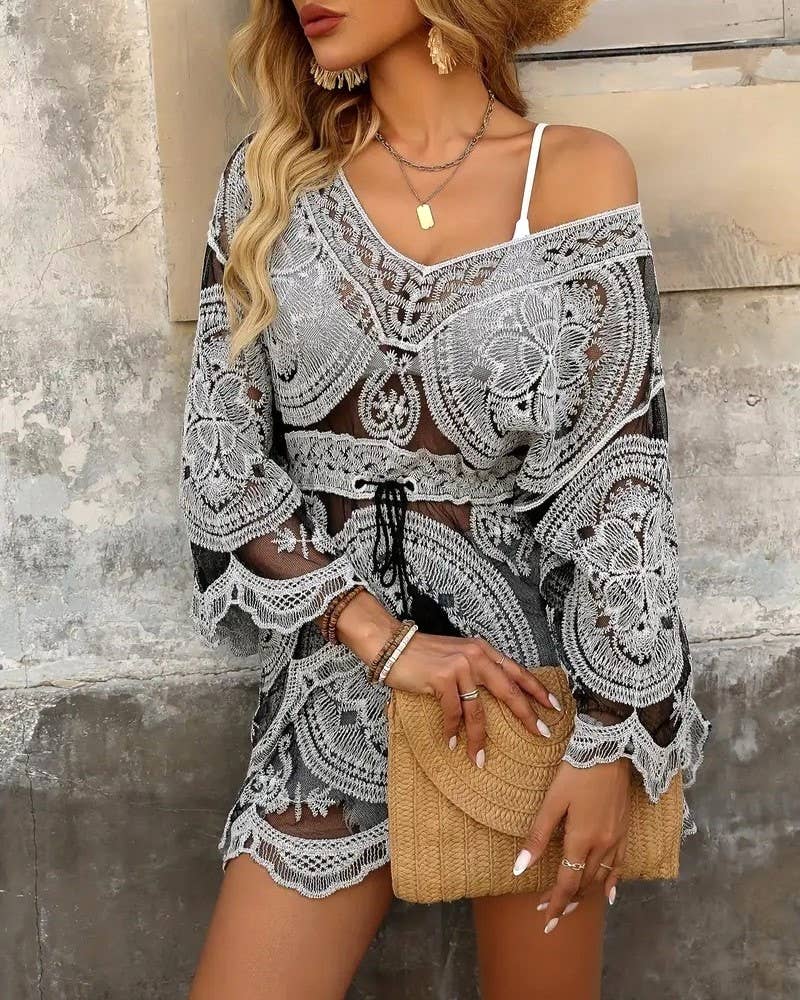 Rosa Clothing - Bohemian Sheer Lace Beach Cover Up