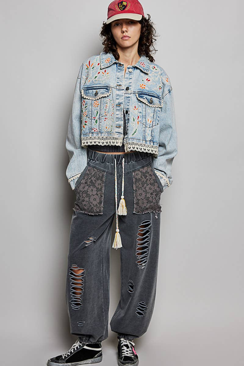 Pol Clothing Floral Embroidery Lace Trim Denim Jacket