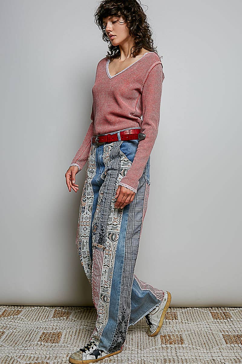 Pol Clothing Patchwork relaxed woven denim pant