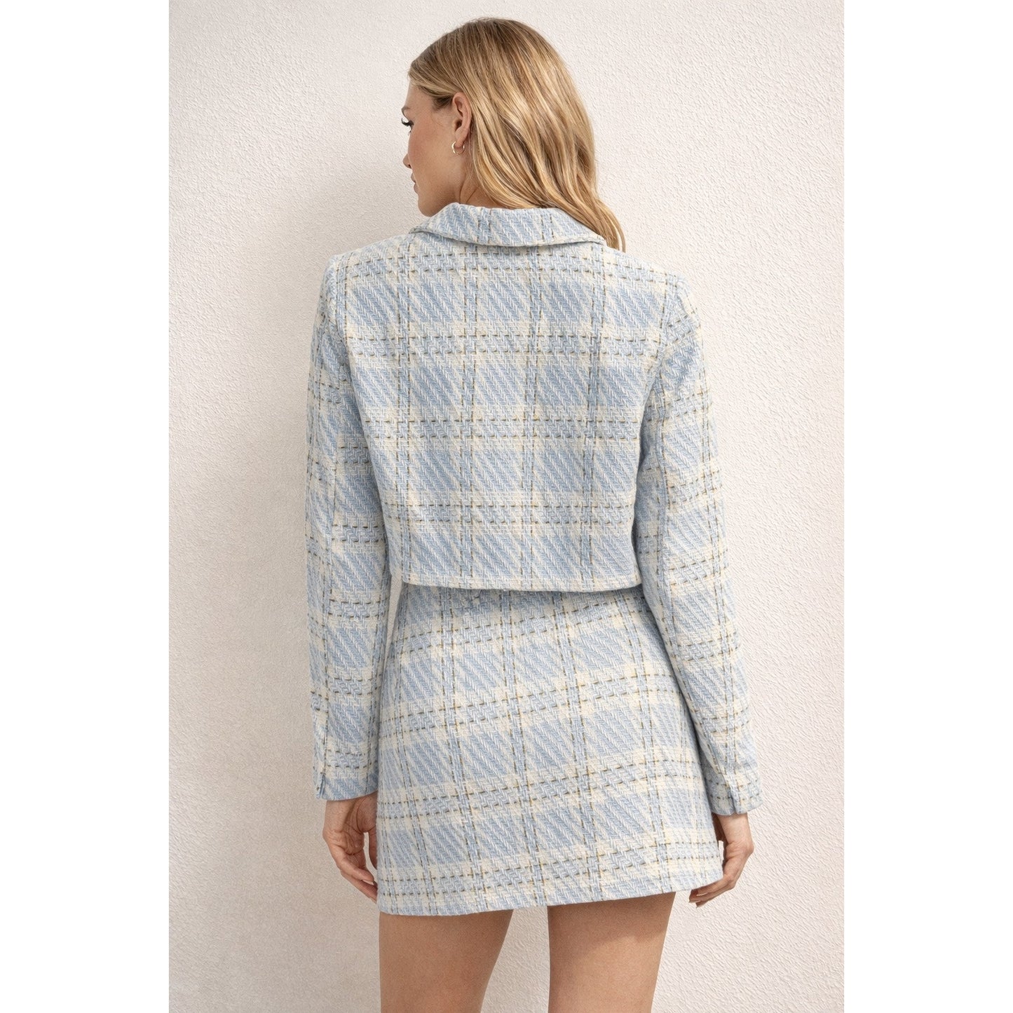 Vogue Vibes Inspired Two-Piece Blue Plaid cropped Blazer and Skirt