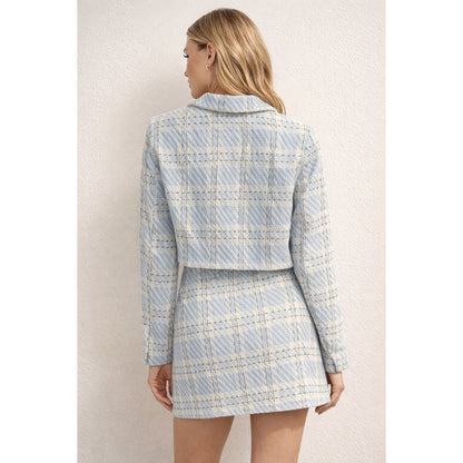 Vogue Vibes Inspired Two-Piece Blue Plaid cropped Blazer and Skirt