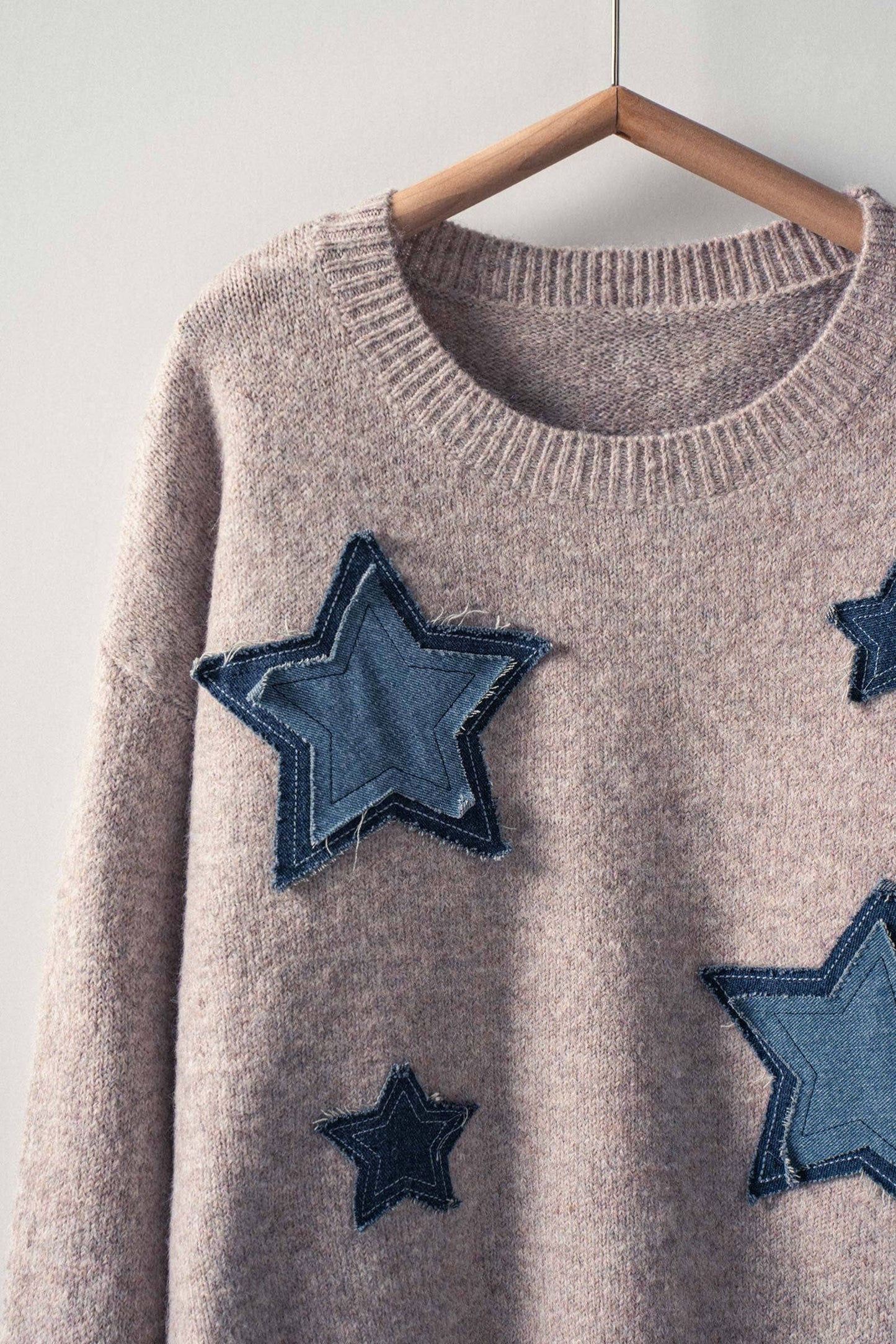 Urban Daizy Taupe Denim Star Patch Cropped Knit Sweater
