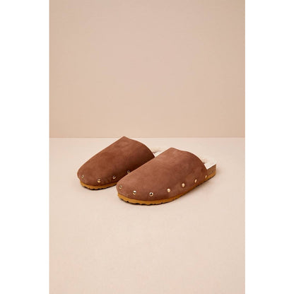 Matisse Upstate Tan Suede Leather Shearling Studded Mule Slides